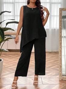 SHEIN Clasi 大碼不對稱下擺背心上衣和闊腿褲 - 黑色 - 查看 3