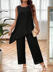 SHEIN Clasi 大碼不對稱下擺背心上衣和闊腿褲 - 黑色 - 查看 4