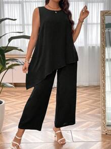 SHEIN Clasi 大碼不對稱下擺背心上衣和闊腿褲 - 黑色 - 查看 5