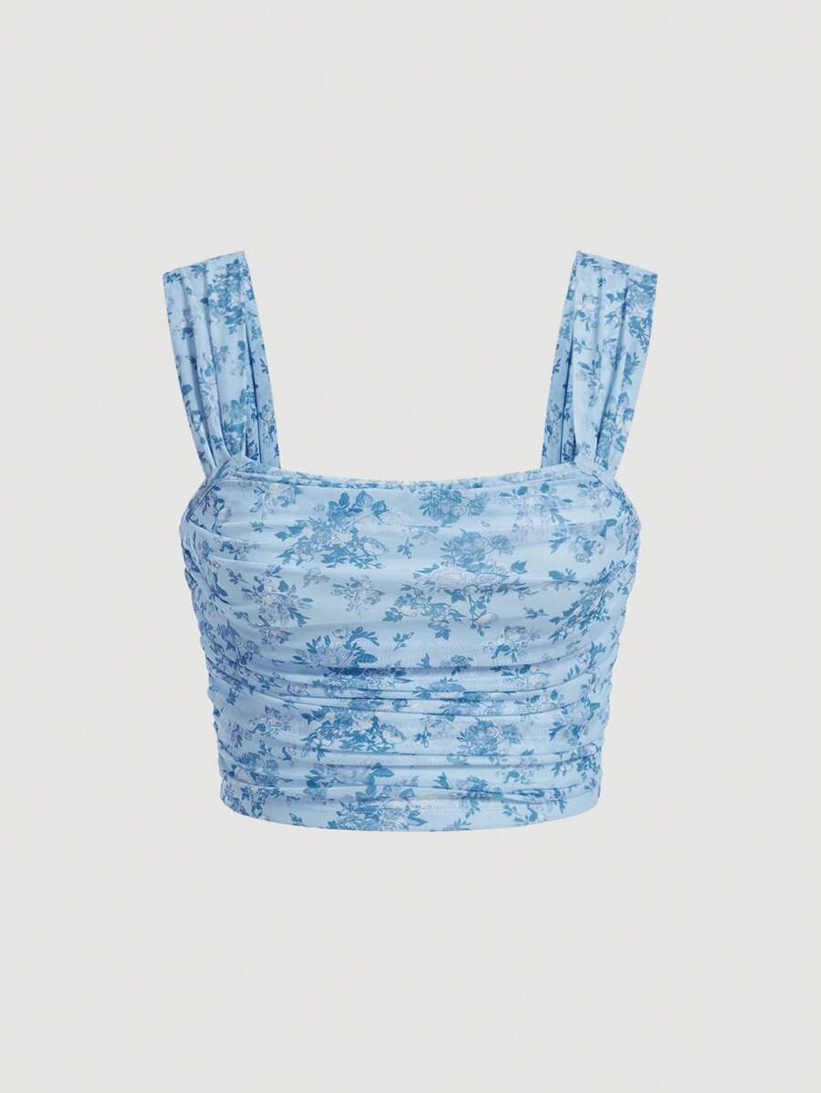 SHEIN MOD Áo khoác và áo lót dành cho xe tăng nữ Xù Hoa Tất cả trên in Boho - Màu xanh lam - Xem 1