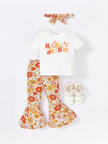 SHEIN Đứa bé gái Đồ họa Khẩu hiệu Áo thun & In hoa Quần ống loe & Băng đô đầu - Nhiều màu - Xem 11