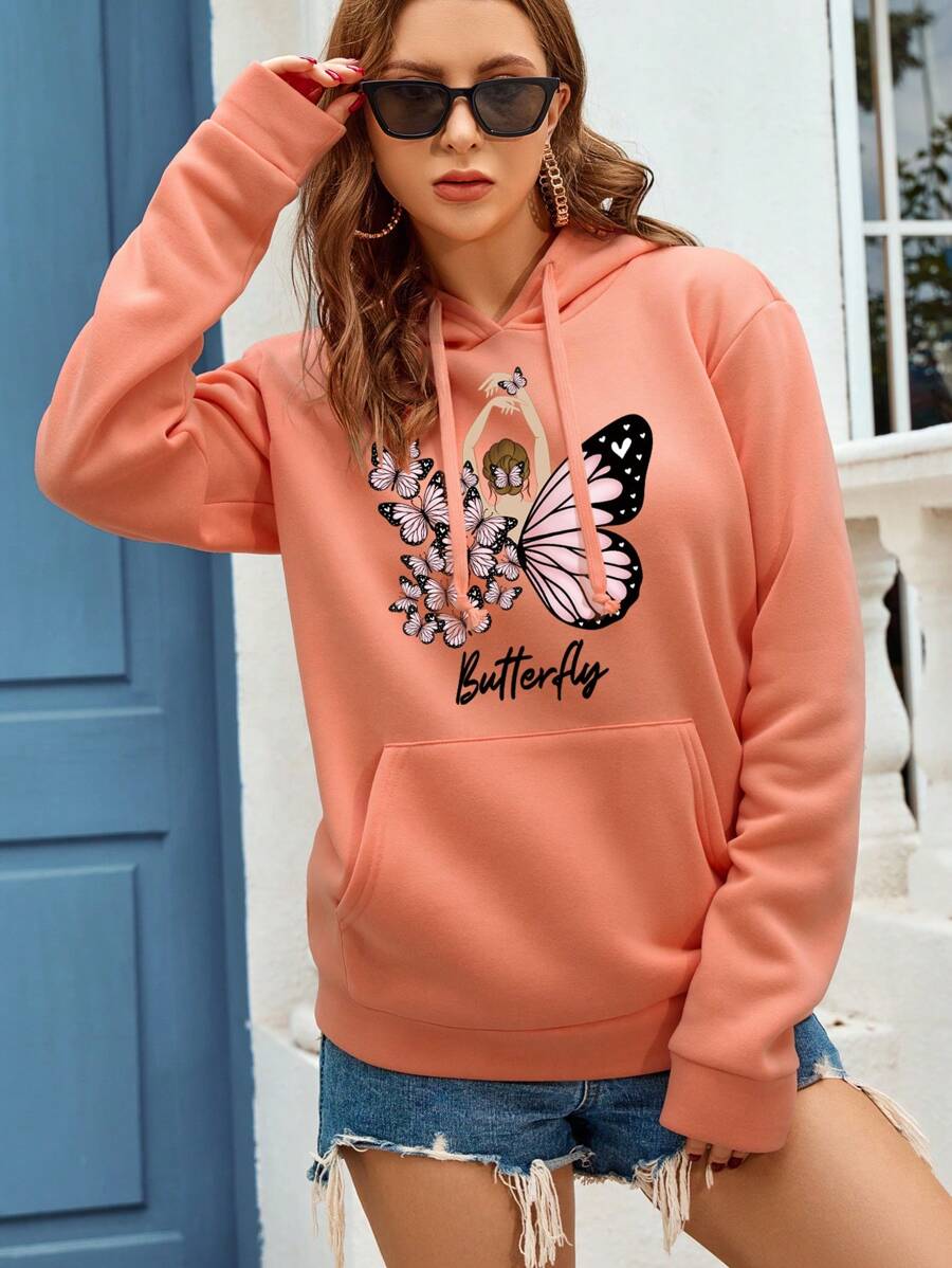 INAWLY Hoạt hình Bướm & Chữ cái Túi kangaroo Dây rút Áo hoodie ấm áp - trái cam - Xem 1