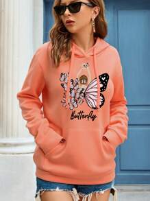 INAWLY Hoạt hình Bướm & Chữ cái Túi kangaroo Dây rút Áo hoodie ấm áp - trái cam - Xem 4