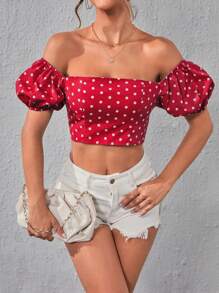SHEIN Privé 波點圖案一字肩短款襯衫 - 紅白色 - 查看 2