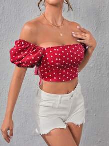SHEIN Privé 波點圖案一字肩短款襯衫 - 紅白色 - 查看 4