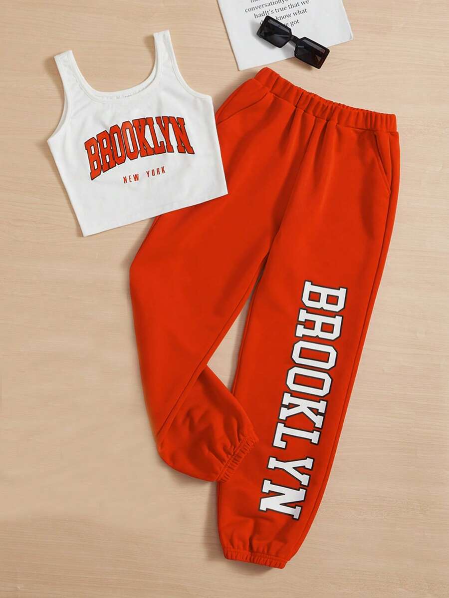 SHEIN EZwear 大碼字母圖案背心上衣和運動褲