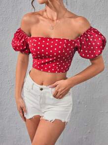 SHEIN Privé 波點圖案一字肩短款襯衫 - 紅白色 - 查看 5