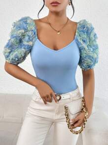 SHEIN Privé Áo thun nữ Đề can Gân đan Hoa Giải trí - Màu xanh nhạt - Xem 1