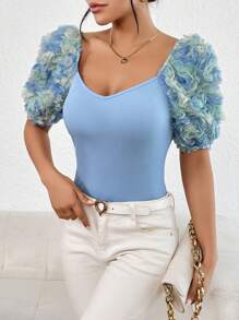 SHEIN Privé Áo thun nữ Đề can Gân đan Hoa Giải trí - Màu xanh nhạt - Xem 6