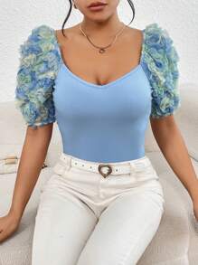 SHEIN Privé Áo thun nữ Đề can Gân đan Hoa Giải trí - Màu xanh nhạt - Xem 4