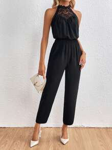 SHEIN Privé Guipure Lace Insert Keyhole Back Halter Neckline Jumpsuit
