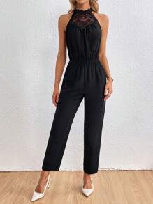 SHEIN Privé Guipure Lace Insert Keyhole Back Halter Neckline Jumpsuit