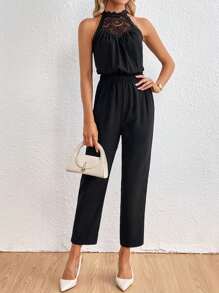 SHEIN Privé Guipure Lace Insert Keyhole Back Halter Neckline Jumpsuit