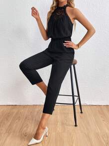 SHEIN Privé Guipure Lace Insert Keyhole Back Halter Neckline Jumpsuit