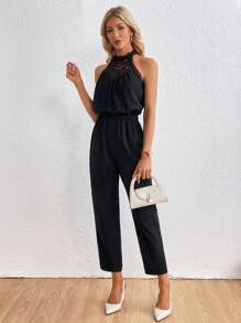SHEIN Privé Guipure Lace Insert Keyhole Back Halter Neckline Jumpsuit