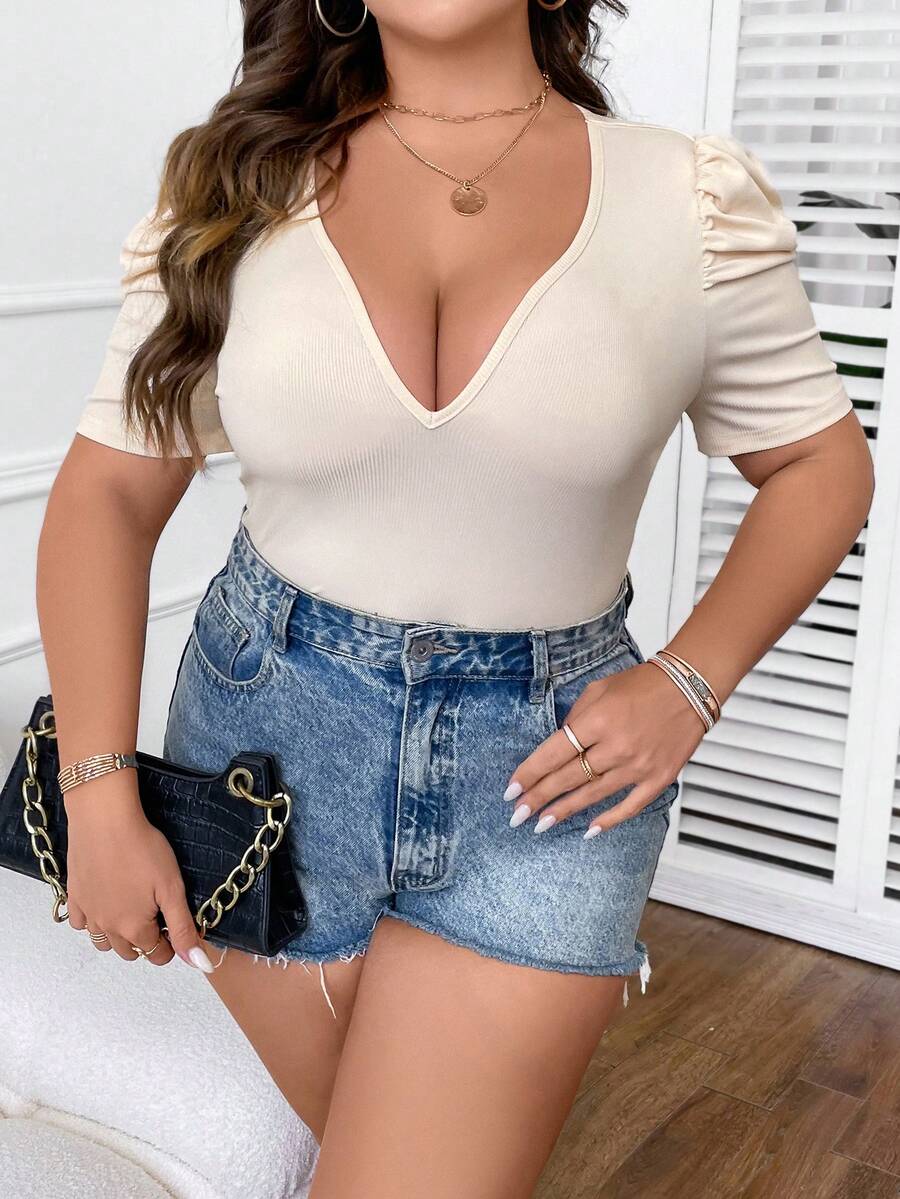 SHEIN Clasi 大碼泡泡袖連體衣 - 杏色 - 查看 1