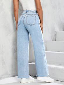 SHEIN Unity Raw Hem Straight Leg Jeans - Light Wash - View 2