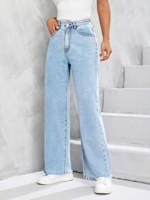 SHEIN Unity Raw Hem Straight Leg Jeans - Light Wash - View 3