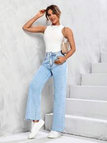 SHEIN Unity Raw Hem Straight Leg Jeans - Light Wash - View 4