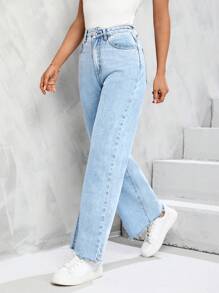 SHEIN Unity Raw Hem Straight Leg Jeans - Light Wash - View 5