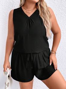 SHEIN LUNE Plus Solid Tank Top & Knot Front Shorts - Black - View 1
