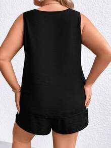 SHEIN LUNE Plus Solid Tank Top & Knot Front Shorts - Black - View 2