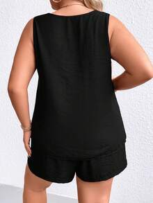 SHEIN LUNE Plus Solid Tank Top & Knot Front Shorts - Black - View 3