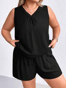 SHEIN LUNE Plus Solid Tank Top & Knot Front Shorts - Black - View 5