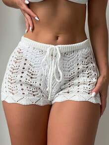 SHEIN Swim Women's Solid Color Drawstring Waist Hollow Out Cover-Up Shorts For Vacation