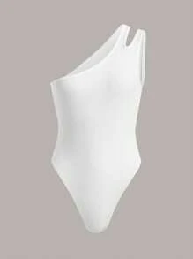 SHEIN ICON Body de mujer Espalda al aire Abertura Canalé Liso Sexy - Blanco - Ver 2