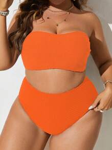 Slaydiva Plus Size Summer Beach Solid Bandeau Bikini Set, Bathing Suit - Orange - View 1