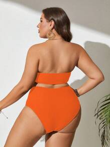 Slaydiva Plus Size Summer Beach Solid Bandeau Bikini Set, Bathing Suit - Orange - View 2