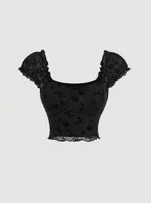 SHEIN MOD Áo nữ viền lá sen Xù nhỏ màu trơn Giải trí - màu đen - Xem 1