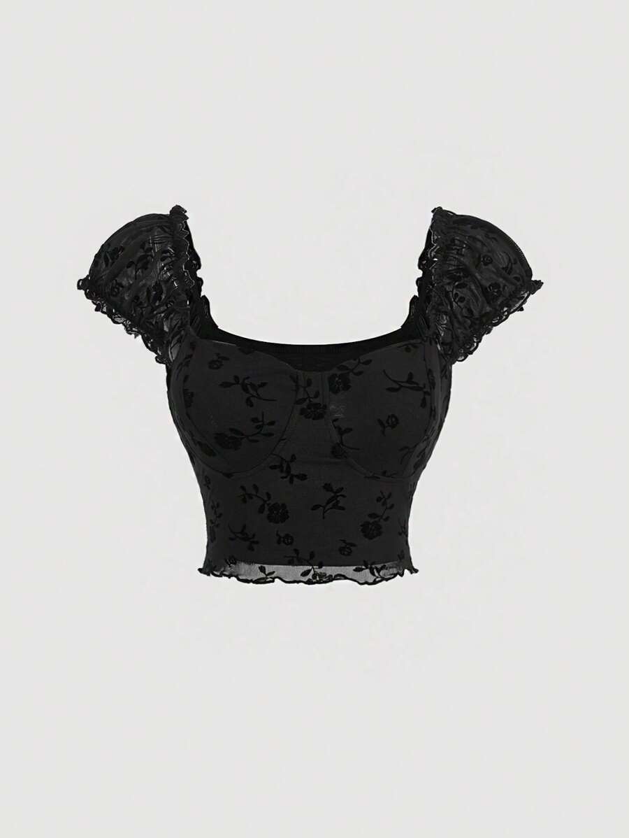 SHEIN MOD Áo nữ viền lá sen Xù nhỏ màu trơn Giải trí - màu đen - Xem 1