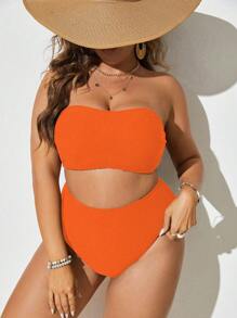 Slaydiva Plus Size Summer Beach Solid Bandeau Bikini Set, Bathing Suit - Orange - View 3