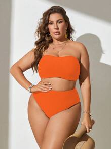 Slaydiva Plus Size Summer Beach Solid Bandeau Bikini Set, Bathing Suit - Orange - View 4