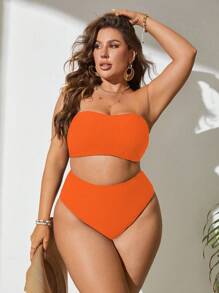 Slaydiva Plus Size Summer Beach Solid Bandeau Bikini Set, Bathing Suit - Orange - View 5