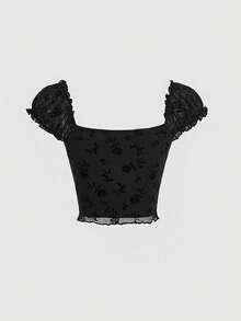 SHEIN MOD Áo nữ viền lá sen Xù nhỏ màu trơn Giải trí - màu đen - Xem 2