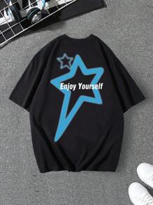 男士星形和標語圖案T恤 - 黑色 - 查看 1