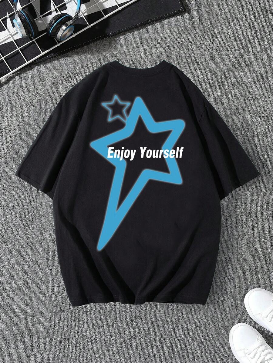 男士星形和標語圖案T恤 - 黑色 - 查看 1