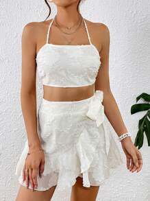 SHEIN VCAY Bộ đồ hai mảnh nữ Viên lá sen Buộc lại Trọn gói Lộ Lưng Hội Chữ thập màu trơn Gợi cảm - Màu be - Xem 4