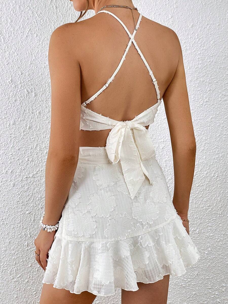 SHEIN VCAY Bộ đồ hai mảnh nữ Viên lá sen Buộc lại Trọn gói Lộ Lưng Hội Chữ thập màu trơn Gợi cảm - Màu be - Xem 1