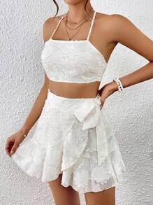 SHEIN VCAY Bộ đồ hai mảnh nữ Viên lá sen Buộc lại Trọn gói Lộ Lưng Hội Chữ thập màu trơn Gợi cảm - Màu be - Xem 2