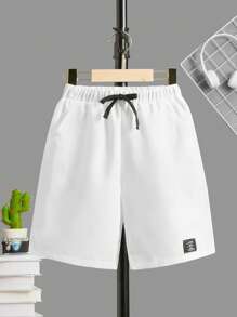 SHEIN Cậu bé Tween Thư được vá Eo đàn hồi Quần short - trắng - Xem 1
