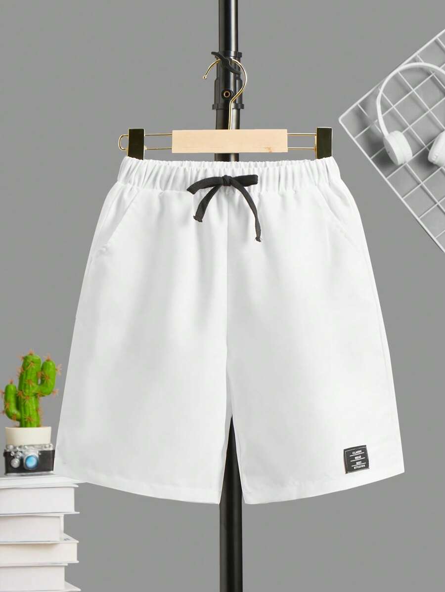 SHEIN Cậu bé Tween Thư được vá Eo đàn hồi Quần short - trắng - Xem 1