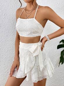 SHEIN VCAY Bộ đồ hai mảnh nữ Viên lá sen Buộc lại Trọn gói Lộ Lưng Hội Chữ thập màu trơn Gợi cảm - Màu be - Xem 5