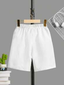 SHEIN Cậu bé Tween Thư được vá Eo đàn hồi Quần short - trắng - Xem 2