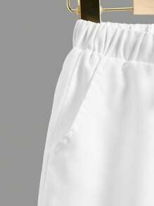 SHEIN Cậu bé Tween Thư được vá Eo đàn hồi Quần short - trắng - Xem 3