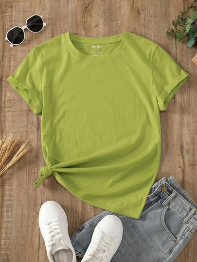 INAWLY Camiseta unicolor de cuello redondo