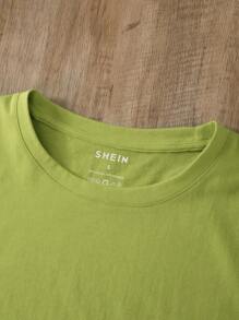 INAWLY Solid Round Neck Tee - Green - View 3